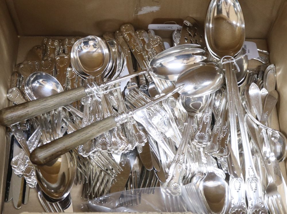 A silver Christening spoon and fork and a service of Kings pattern plated flatware,